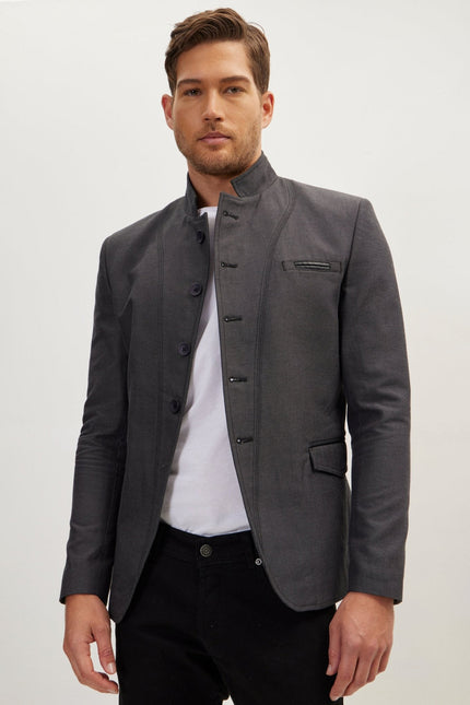 Men's Symmetric Mandarin Collar Blazer - Anthracite | Ron Tomson
