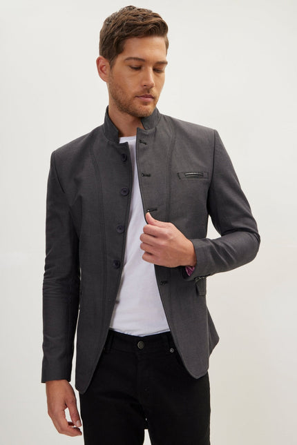 Men's Symmetric Mandarin Collar Blazer - Anthracite | Ron Tomson