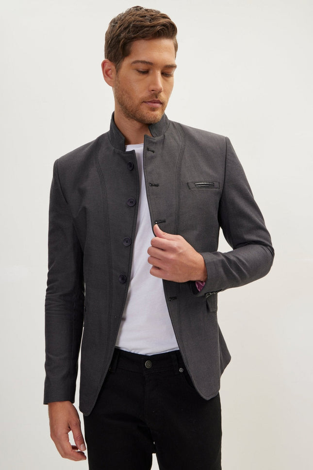 Men's Symmetric Mandarin Collar Blazer - Anthracite | Ron Tomson
