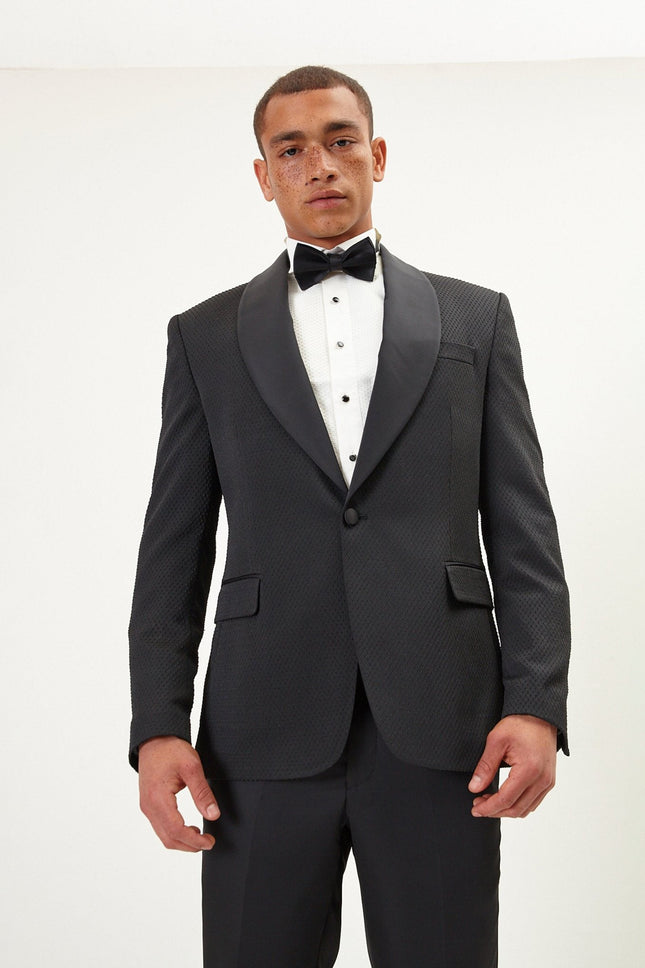 Men's Swiss Dot Shawl Lapel Tuxedo Jacket - Black | Ron Tomson