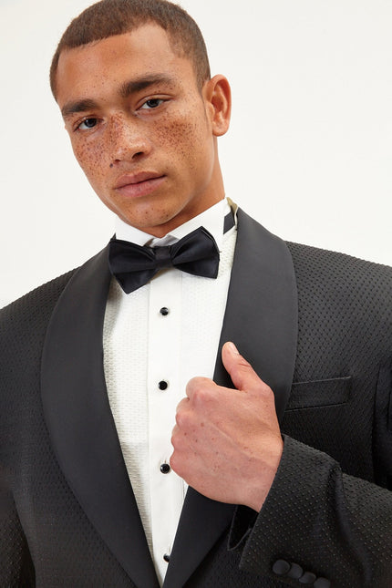Men's Swiss Dot Shawl Lapel Tuxedo Jacket - Black | Ron Tomson