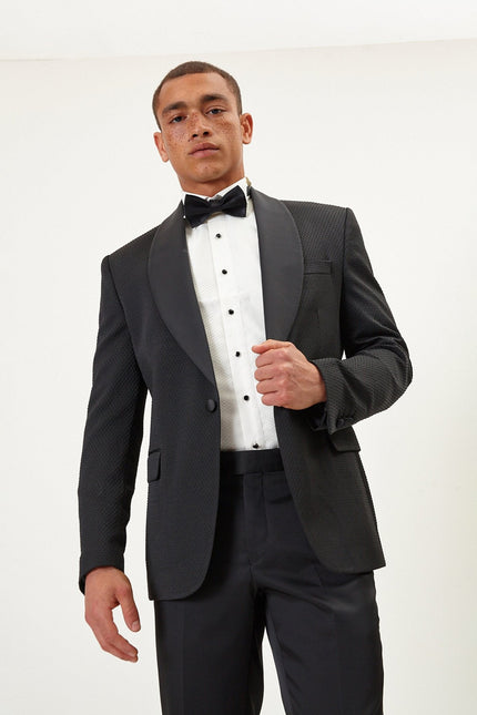 Men's Swiss Dot Shawl Lapel Tuxedo Jacket - Black | Ron Tomson