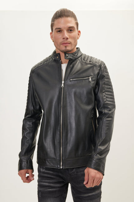 Men's Band-Collar Leather Jacket - Black | Ron Tomson