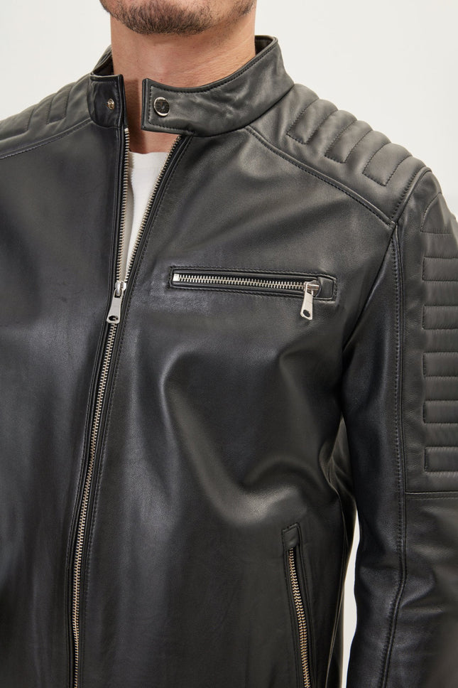 Men's Band-Collar Leather Jacket - Black | Ron Tomson