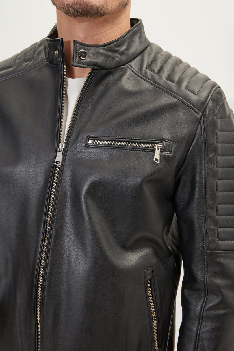 Men's Band-Collar Leather Jacket - Black | Ron Tomson