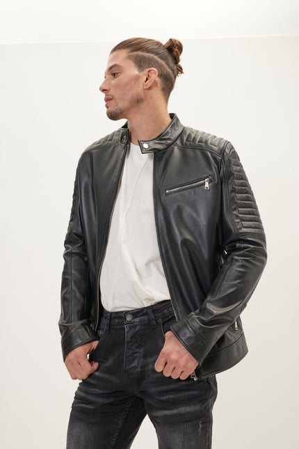 Men's Band-Collar Leather Jacket - Black | Ron Tomson