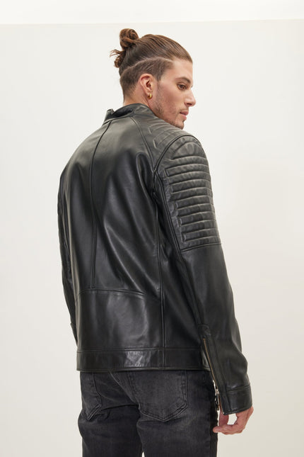Men's Band-Collar Leather Jacket - Black | Ron Tomson
