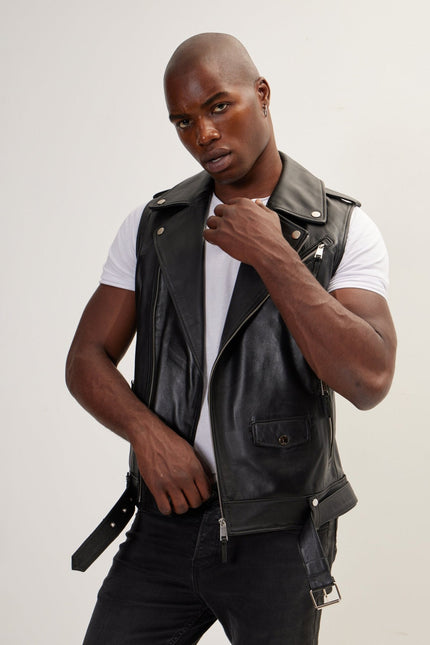 Asymmetric Zip Lambskin Vest - Black