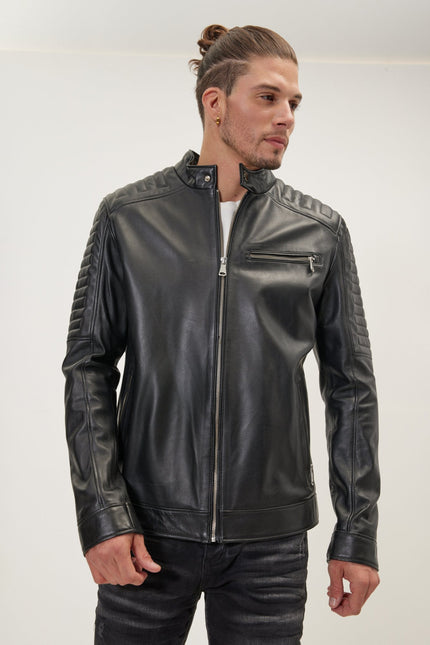 Men's Band-Collar Leather Jacket - Black | Ron Tomson