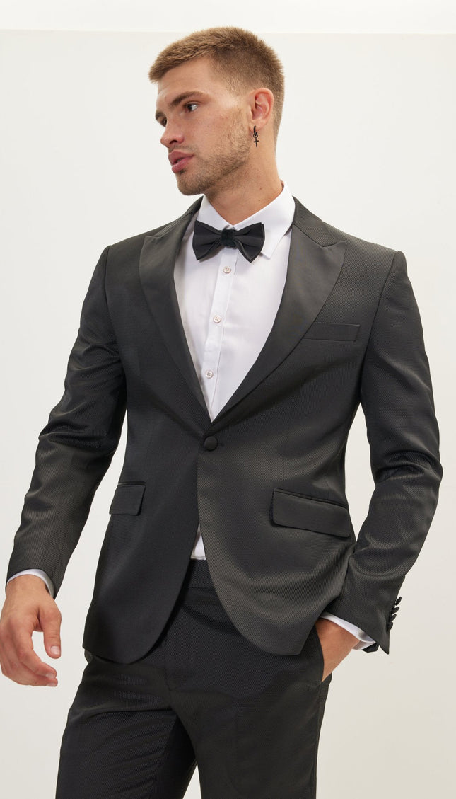 Textured Peak Lapel Tuxedo Jacket - Black