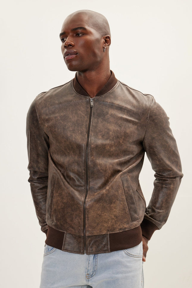 Men's Leather Bomber Jacket - Brown | Ron Tomson