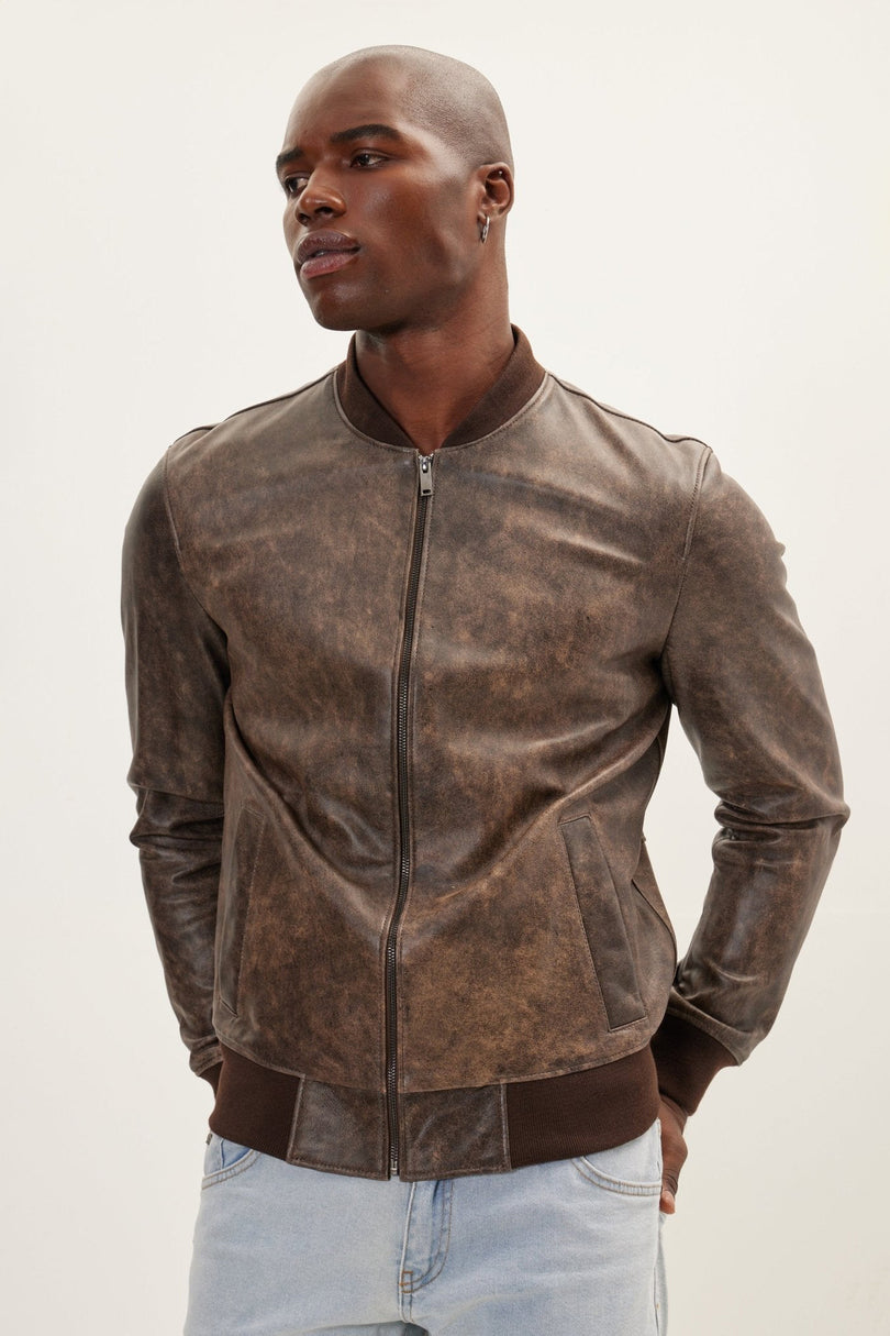 Men's Leather Bomber Jacket - Brown | Ron Tomson