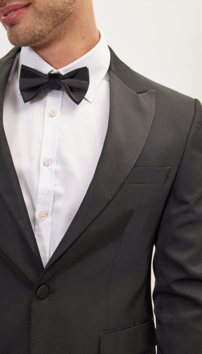 Textured Peak Lapel Tuxedo Jacket - Black