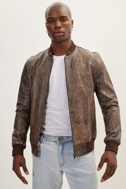 Men's Leather Bomber Jacket - Brown | Ron Tomson
