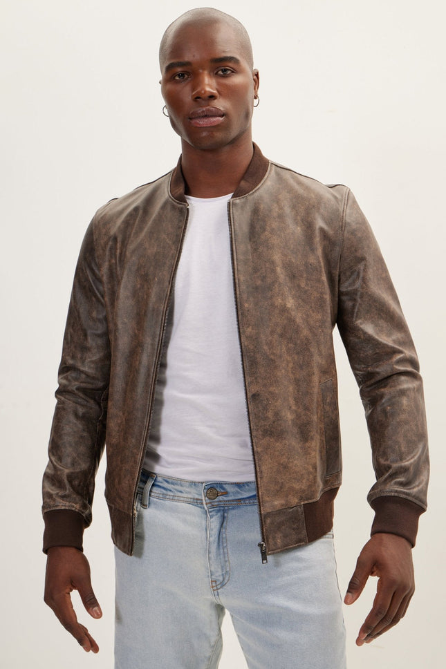 Men's Leather Bomber Jacket - Brown | Ron Tomson