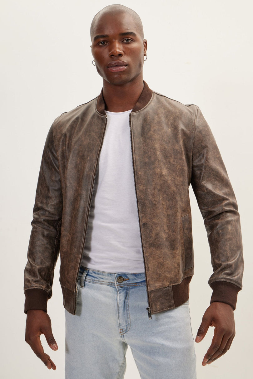 Men's Leather Bomber Jacket - Brown | Ron Tomson