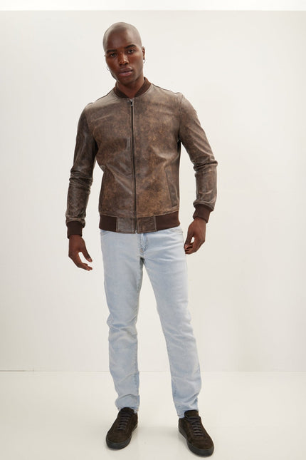 Men's Leather Bomber Jacket - Brown | Ron Tomson