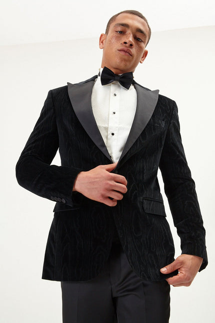 Men's Shawl Lapel Velvet Tuxedo Jacket - Jet Black | Ron Tomson