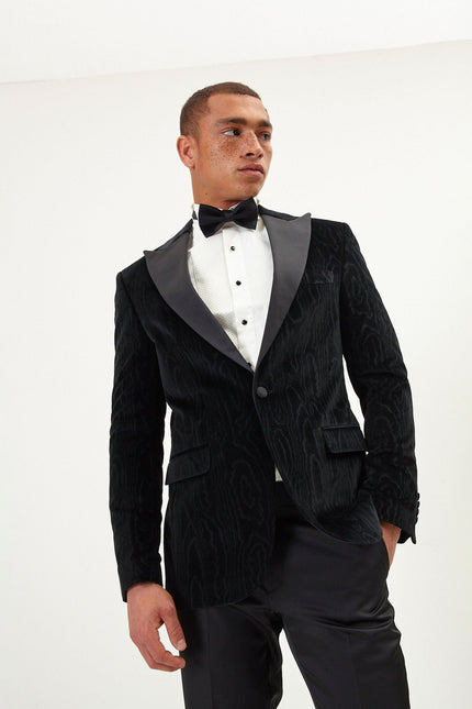 Men's Shawl Lapel Velvet Tuxedo Jacket - Jet Black | Ron Tomson