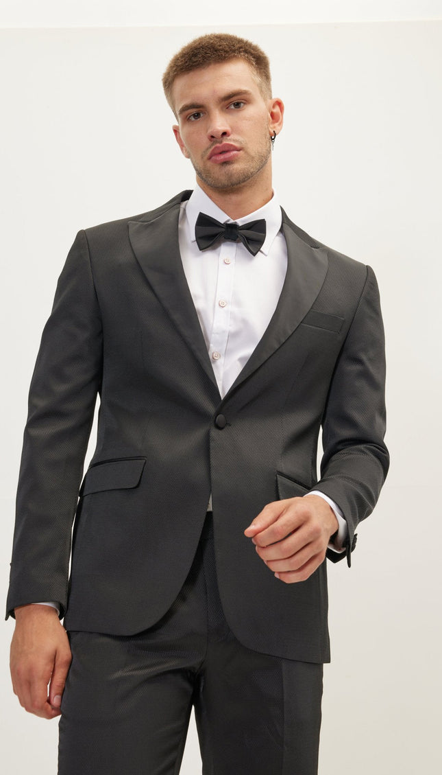Textured Peak Lapel Tuxedo Jacket - Black