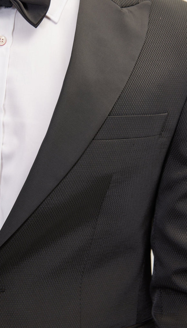 Textured Peak Lapel Tuxedo Jacket - Black