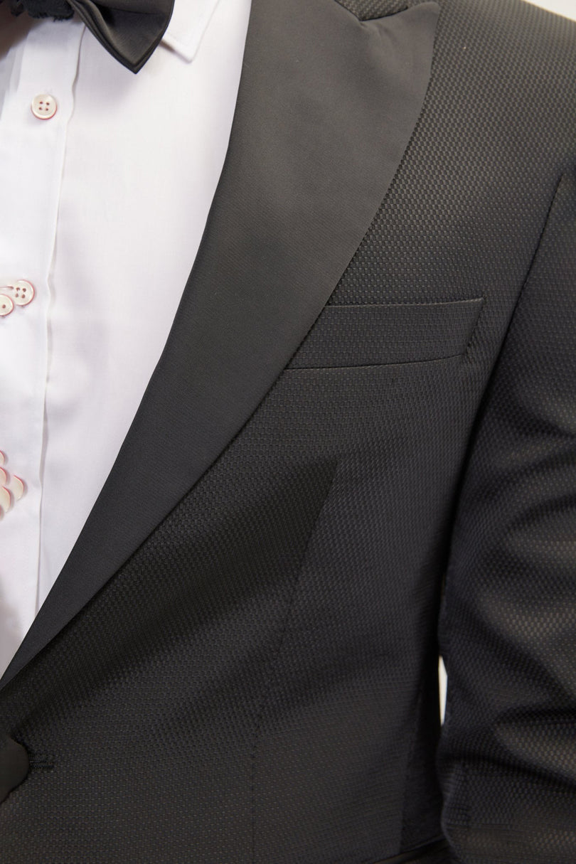 Men's Textured Peak Lapel Tuxedo Jacket - Black | Ron Tomson
