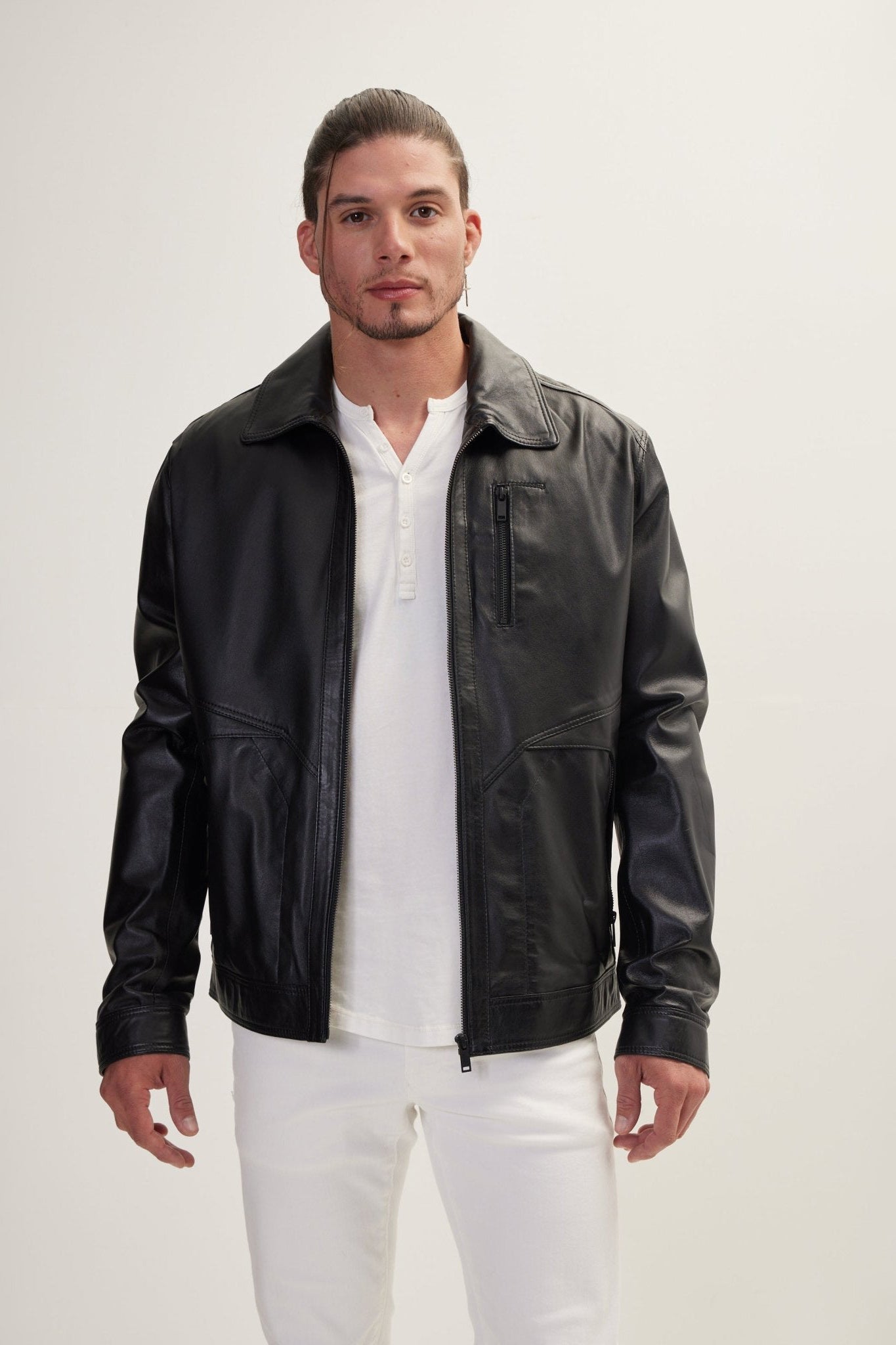 Men's Minimalist Full-Zip Leather Jacket - Black | Ron Tomson