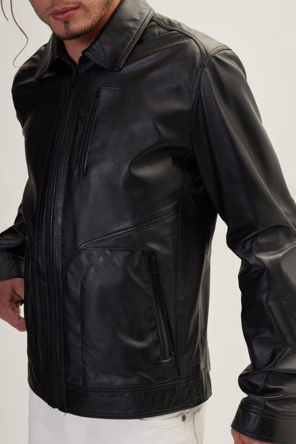 Men's Minimalist Full-Zip Leather Jacket - Black | Ron Tomson