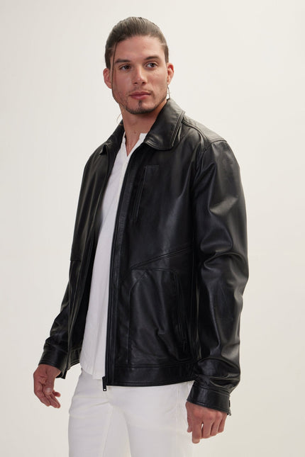 Men's Minimalist Full-Zip Leather Jacket - Black | Ron Tomson