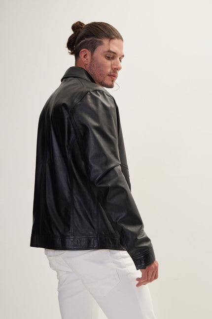 Men's Minimalist Full-Zip Leather Jacket - Black | Ron Tomson