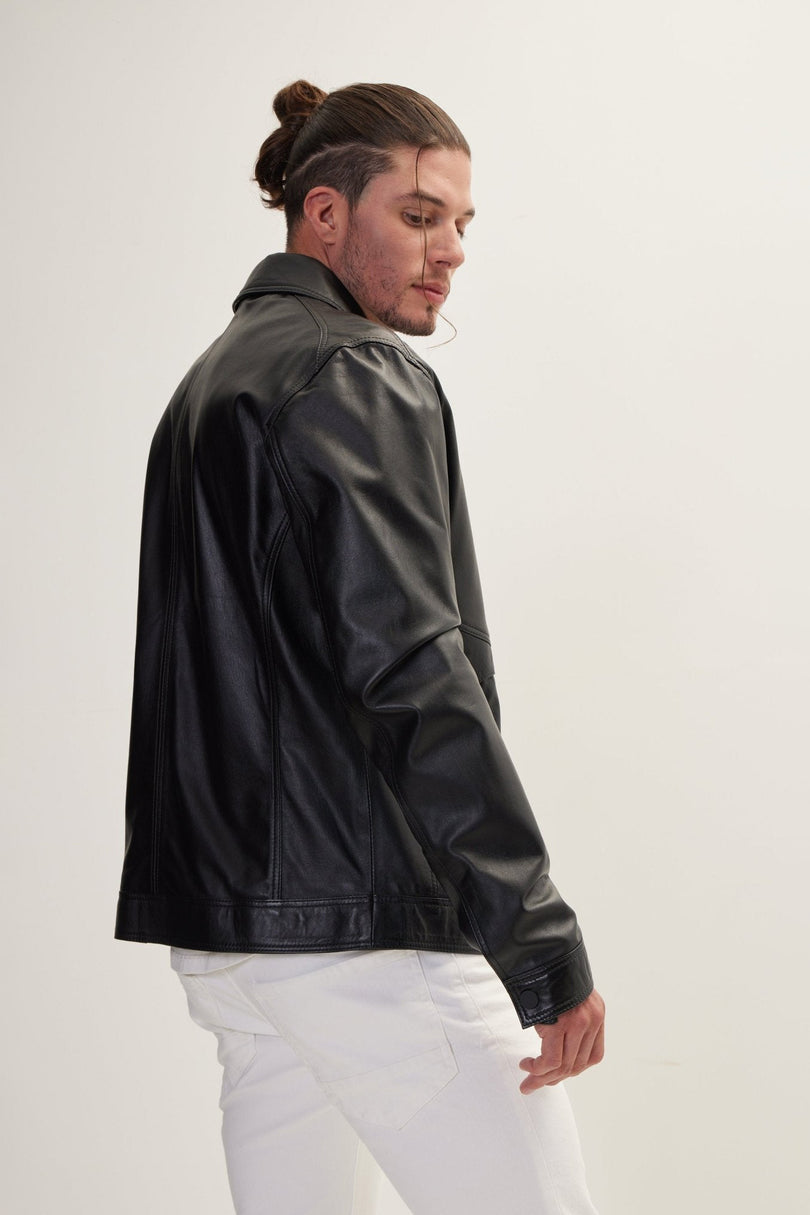 Men's Minimalist Full-Zip Leather Jacket - Black | Ron Tomson