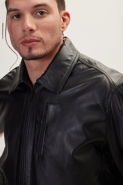 Men's Minimalist Full-Zip Leather Jacket - Black | Ron Tomson
