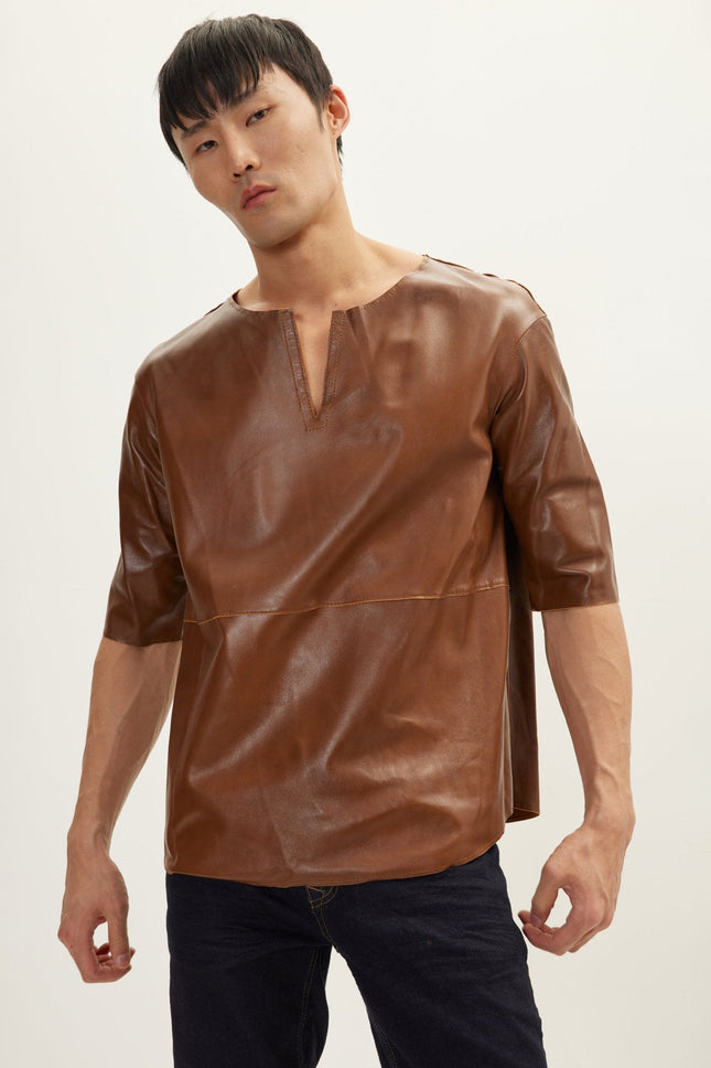 Men's The Lambskin Leather Three Quarter V Neck Shirt  - Brown | Ron Tomson