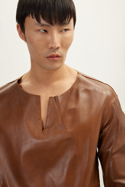 Men's The Lambskin Leather Three Quarter V Neck Shirt  - Brown | Ron Tomson