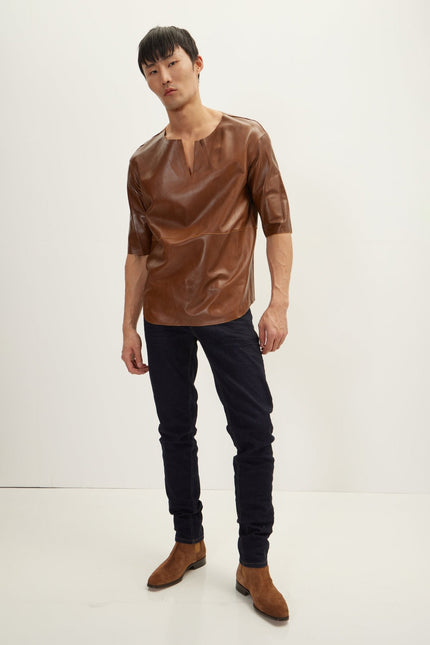 Men's The Lambskin Leather Three Quarter V Neck Shirt  - Brown | Ron Tomson