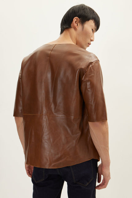 Men's The Lambskin Leather Three Quarter V Neck Shirt  - Brown | Ron Tomson