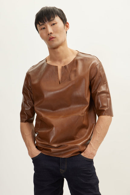 Men's The Lambskin Leather Three Quarter V Neck Shirt  - Brown | Ron Tomson
