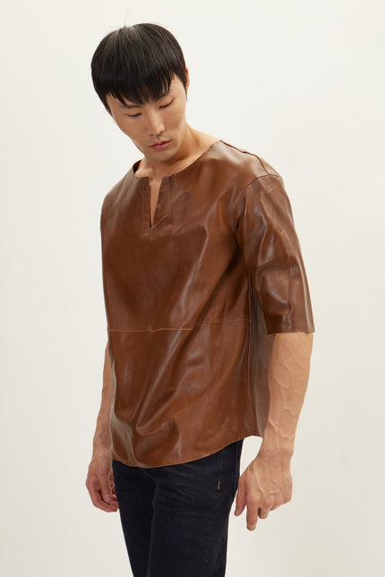 Men's The Lambskin Leather Three Quarter V Neck Shirt  - Brown | Ron Tomson