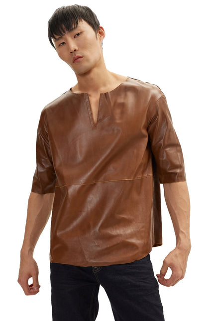 Men's The Lambskin Leather Three Quarter V Neck Shirt  - Brown | Ron Tomson