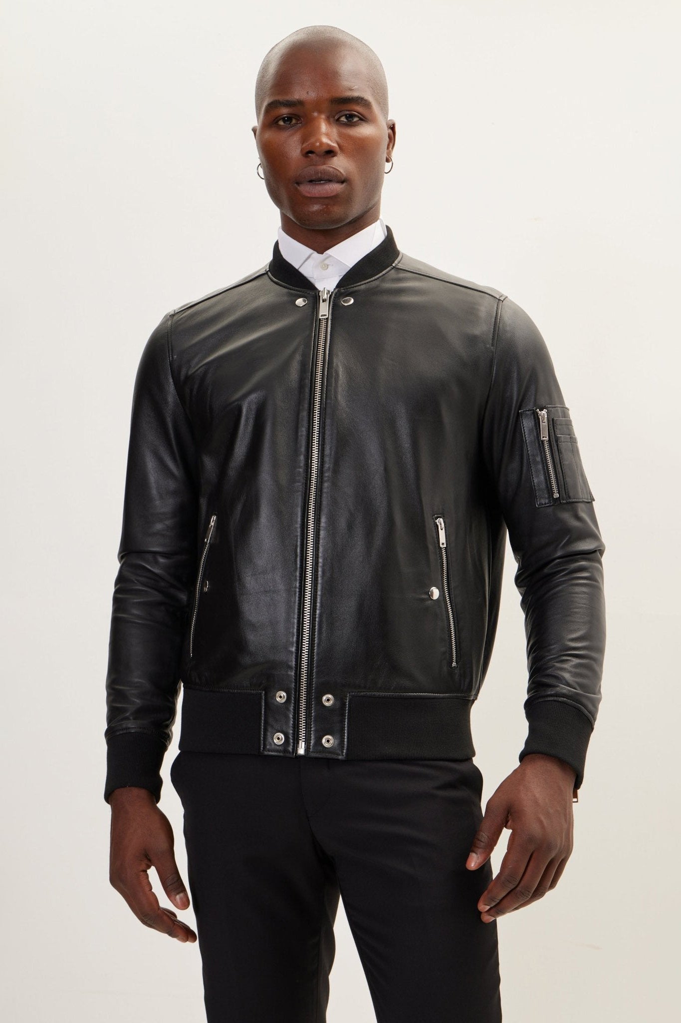 Men's The Sleek Leather Bomber Jacket - Black | Ron Tomson