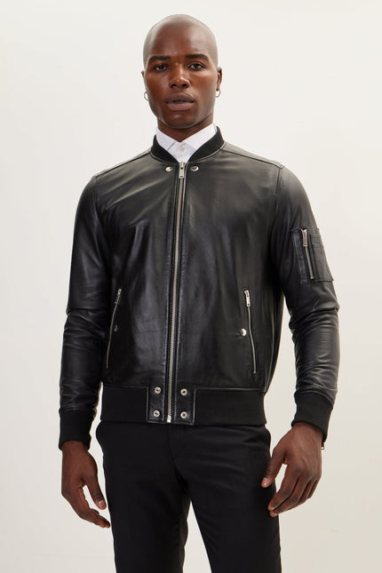 Men's The Sleek Leather Bomber Jacket - Black | Ron Tomson