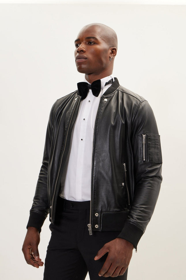 Men's The Sleek Leather Bomber Jacket - Black | Ron Tomson