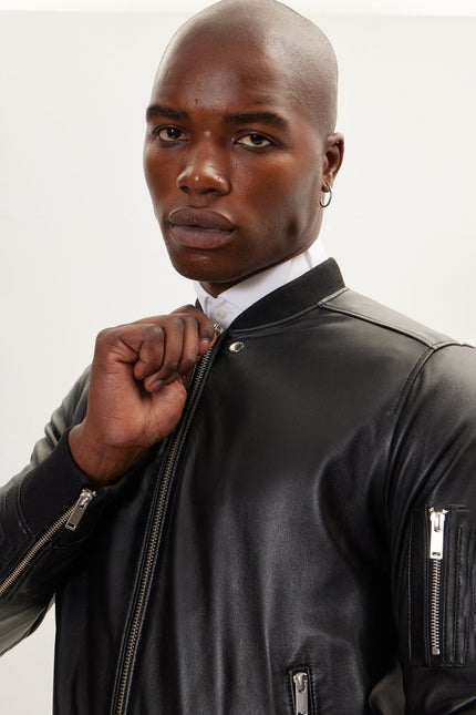 Men's The Sleek Leather Bomber Jacket - Black | Ron Tomson