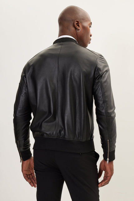 Men's The Sleek Leather Bomber Jacket - Black | Ron Tomson