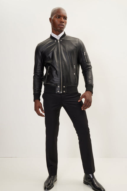 Men's The Sleek Leather Bomber Jacket - Black | Ron Tomson