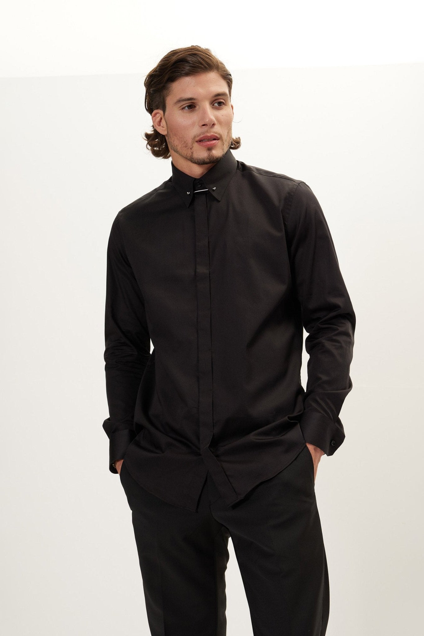 Men's Collar Pin Hidden Placket Dress Shirt - Jet Black