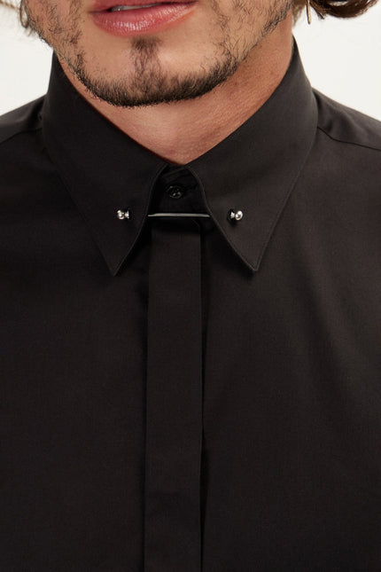 Collar Pin Hidden Placket Dress Shirt