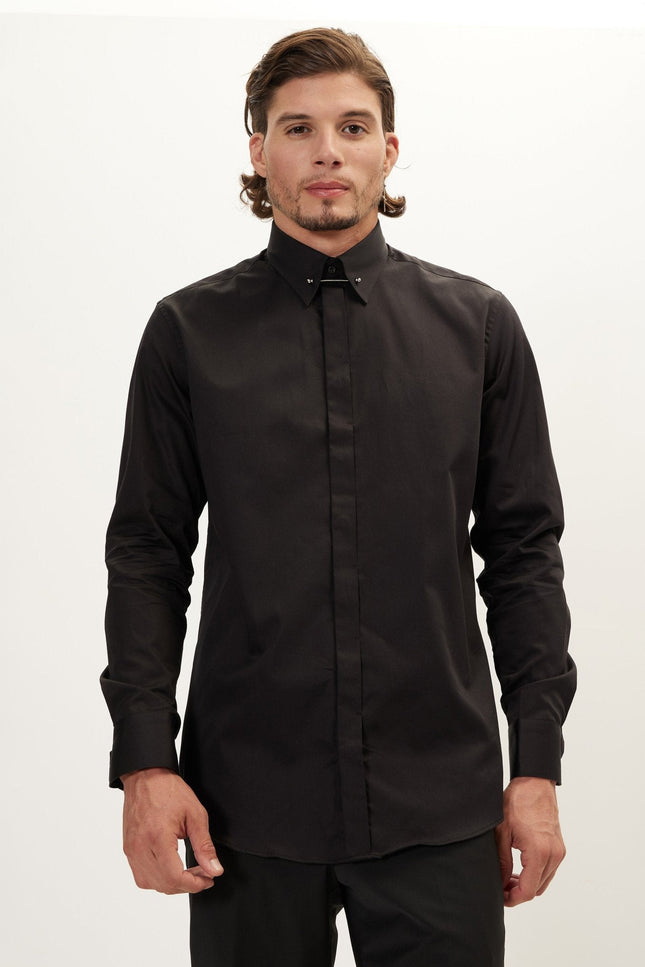 Hidden Placket Dress Shirt - Jet Black