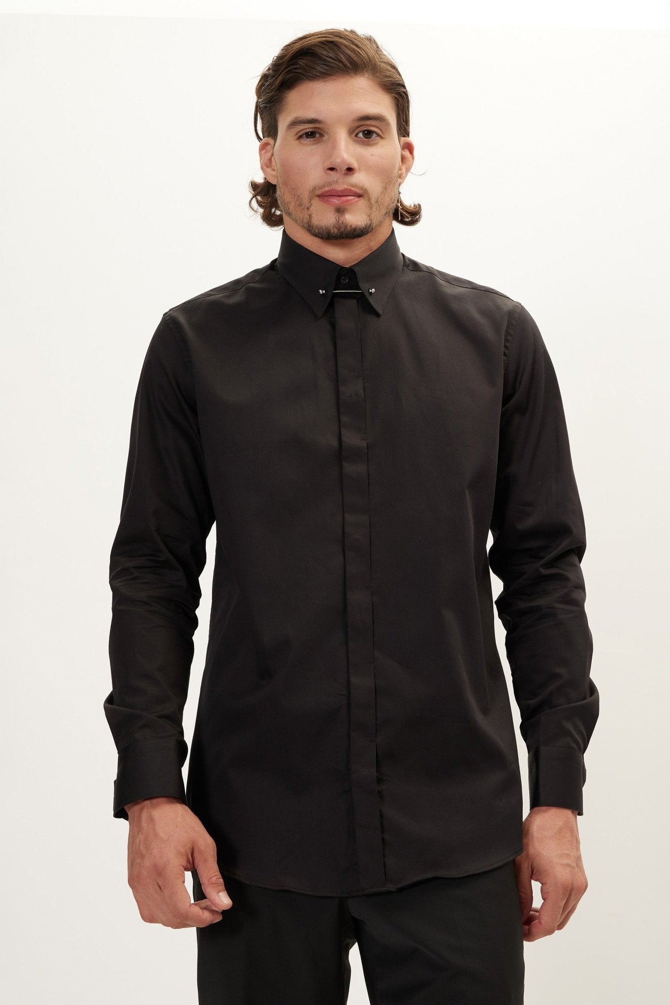 Men's Hidden Placket Dress Shirt - Jet Black Men's Hidden Placket Dress Shirt - Jet Black