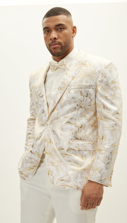 Floral Peak Lapel Tuxedo Jacket - White Gold